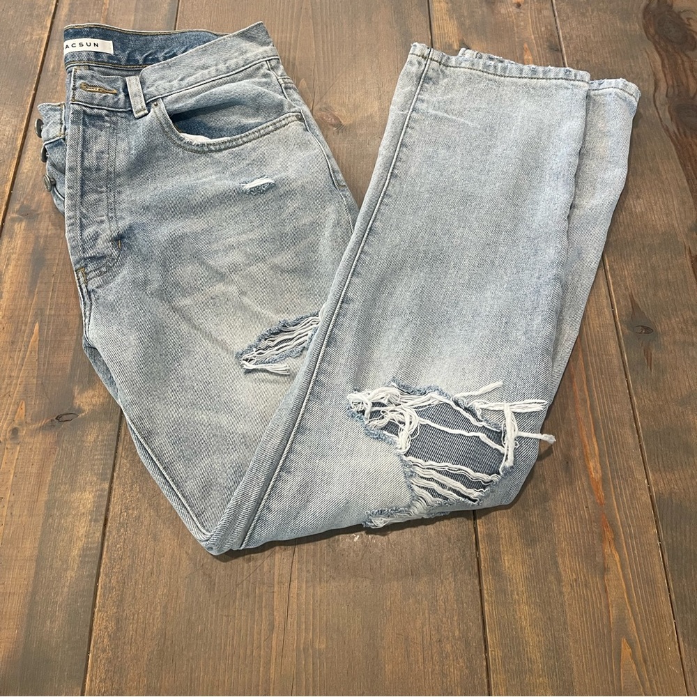 PACSUN Men’s Vintage Loose Ripped Butterfly Buttons Light Blue Denim Jeans Sz:31